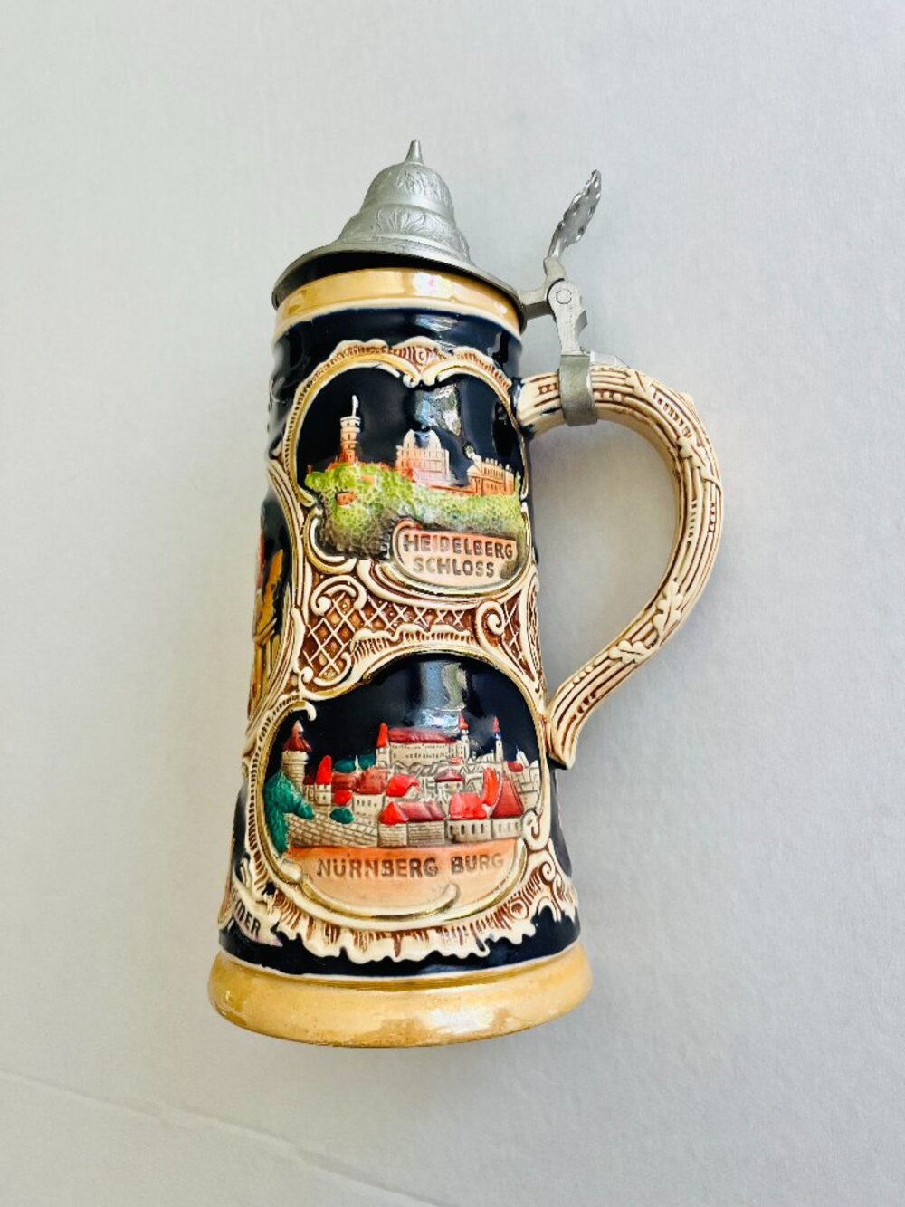 Antique Vtg German Beer Large Stein City‎ Heidelberg Schloss and Nurnberg Burg